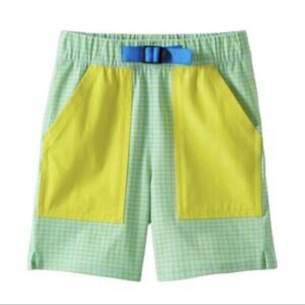 Hanna Andersson boys yellow & green plaid camp board swim trunks shorts size 6 7